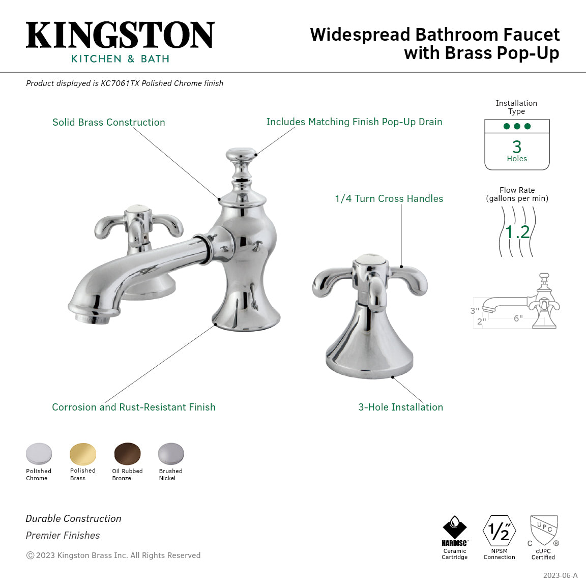 Kingston Tulare KC7068TX - French Country Two-Handle 3-Hole Deck Mount Widespread Bathroom Faucet with Brass Pop-Up, Brushed Nickel — thumbnail 2