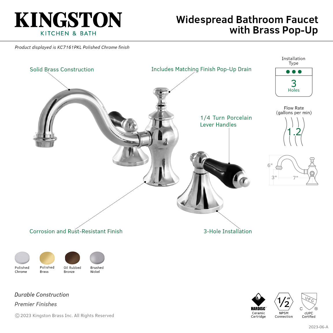 Kingston Heirloom KC7161PKL - Duchess Two-Handle 3-Hole Deck Mount Widespread Bathroom Faucet with Brass Pop-Up, Polished Chrome — thumbnail 2