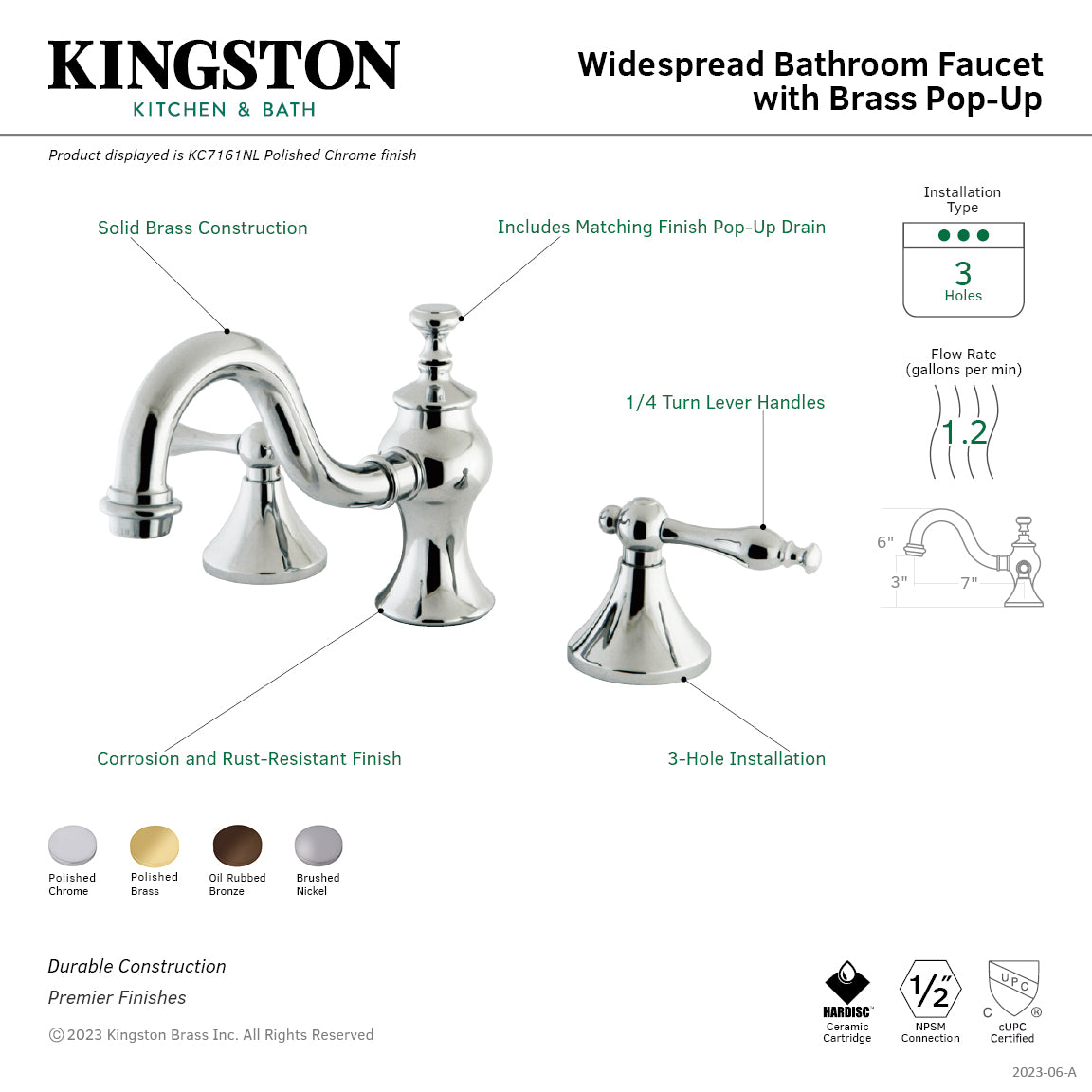 Kingston Heirloom KC7168NL - Naples Two-Handle 3-Hole Deck Mount Widespread Bathroom Faucet with Brass Pop-Up, Brushed Nickel — thumbnail 3