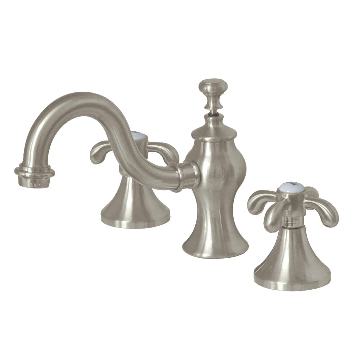 Kingston Heirloom KC7168TX - French Country Two-Handle 3-Hole Deck Mount Widespread Bathroom Faucet with Brass Pop-Up, Brushed Nickel