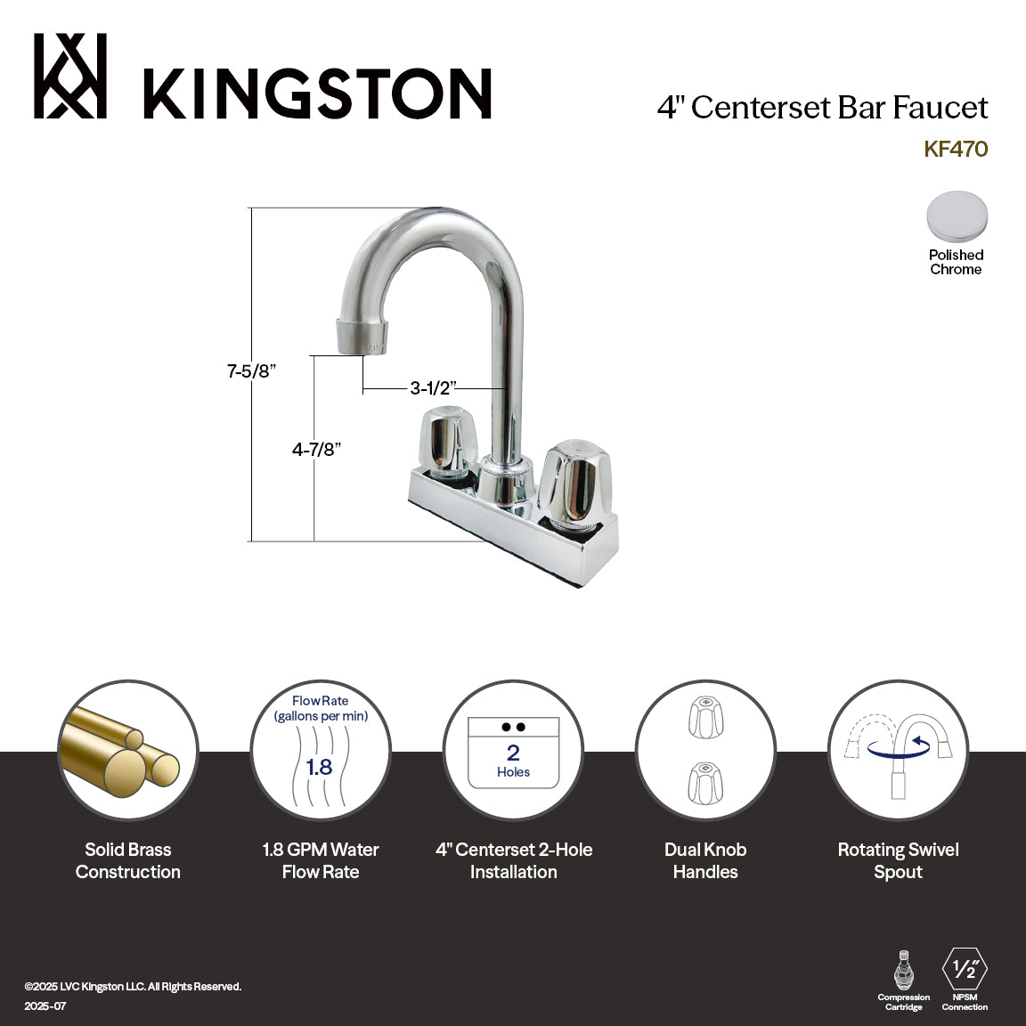 Kingston KF470 Two-Handle 2-Hole Deck Mount Bar Faucet, Polished Chrome — thumbnail 2
