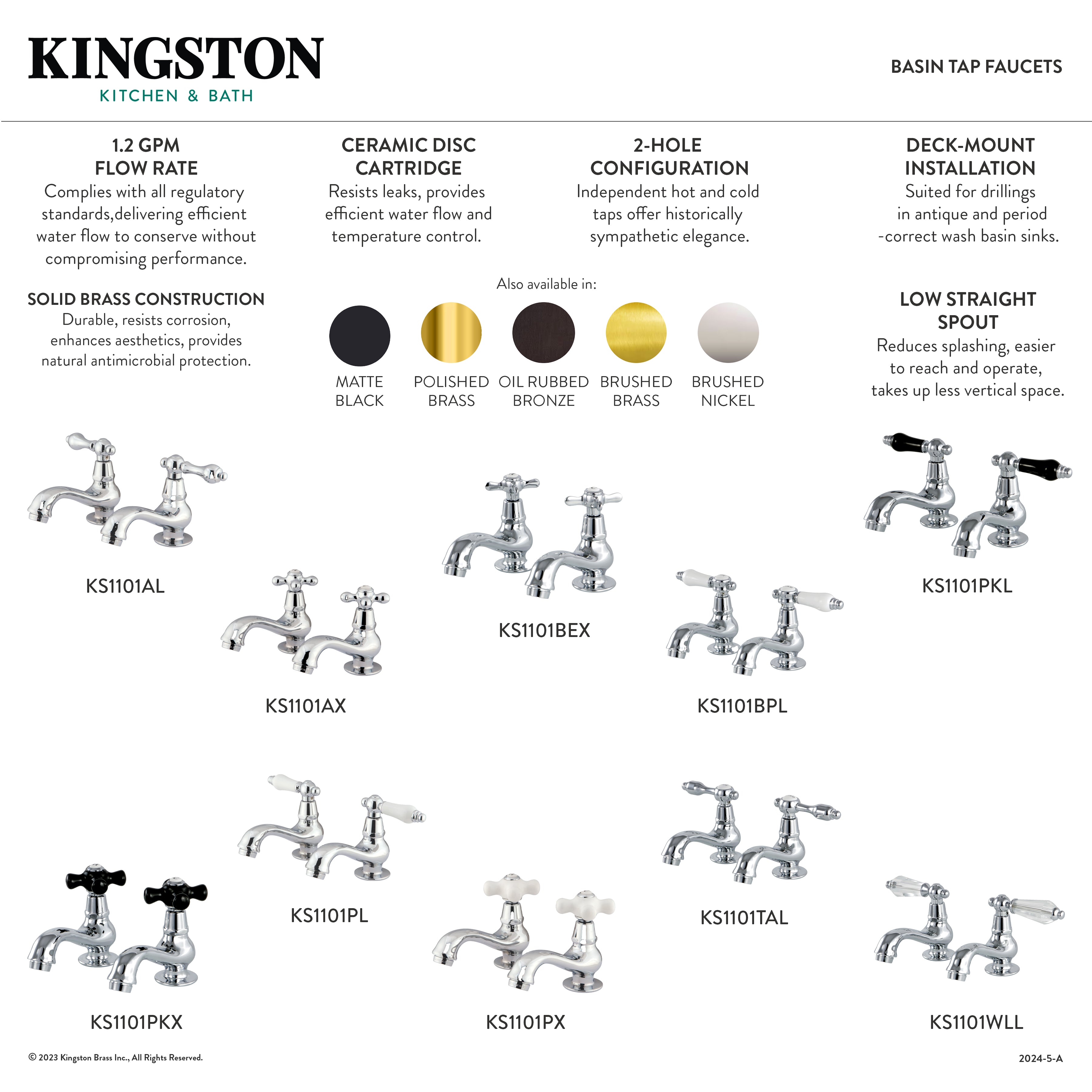 Kingston Heirloom KS1105AL - Heritage Two-Handle Deck Mount Basin Tap Faucet, Oil Rubbed Bronze — thumbnail 2