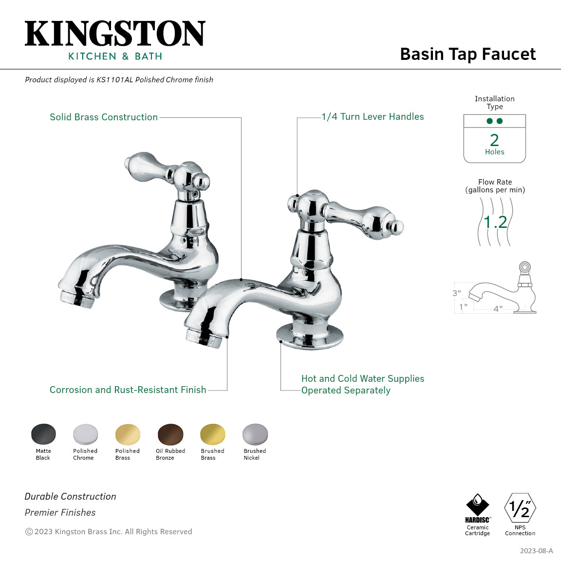 Kingston Heirloom KS1105AL - Heritage Two-Handle Deck Mount Basin Tap Faucet, Oil Rubbed Bronze — thumbnail 3