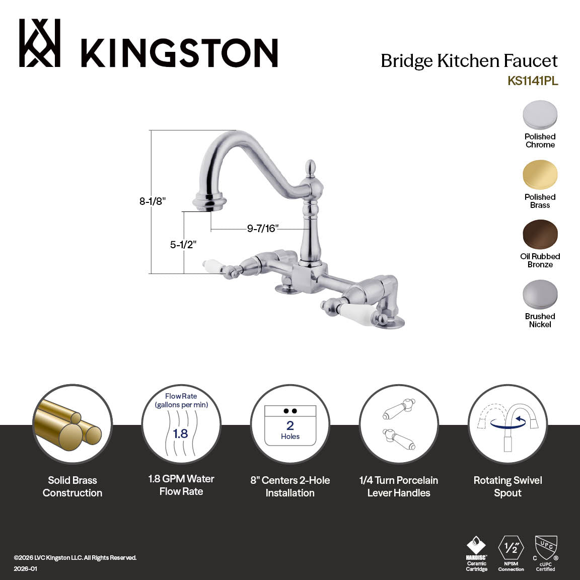 Kingston Heritage KS1142PL Two-Handle 2-Hole Deck Mount Bridge Kitchen Faucet, Polished Brass — thumbnail 2