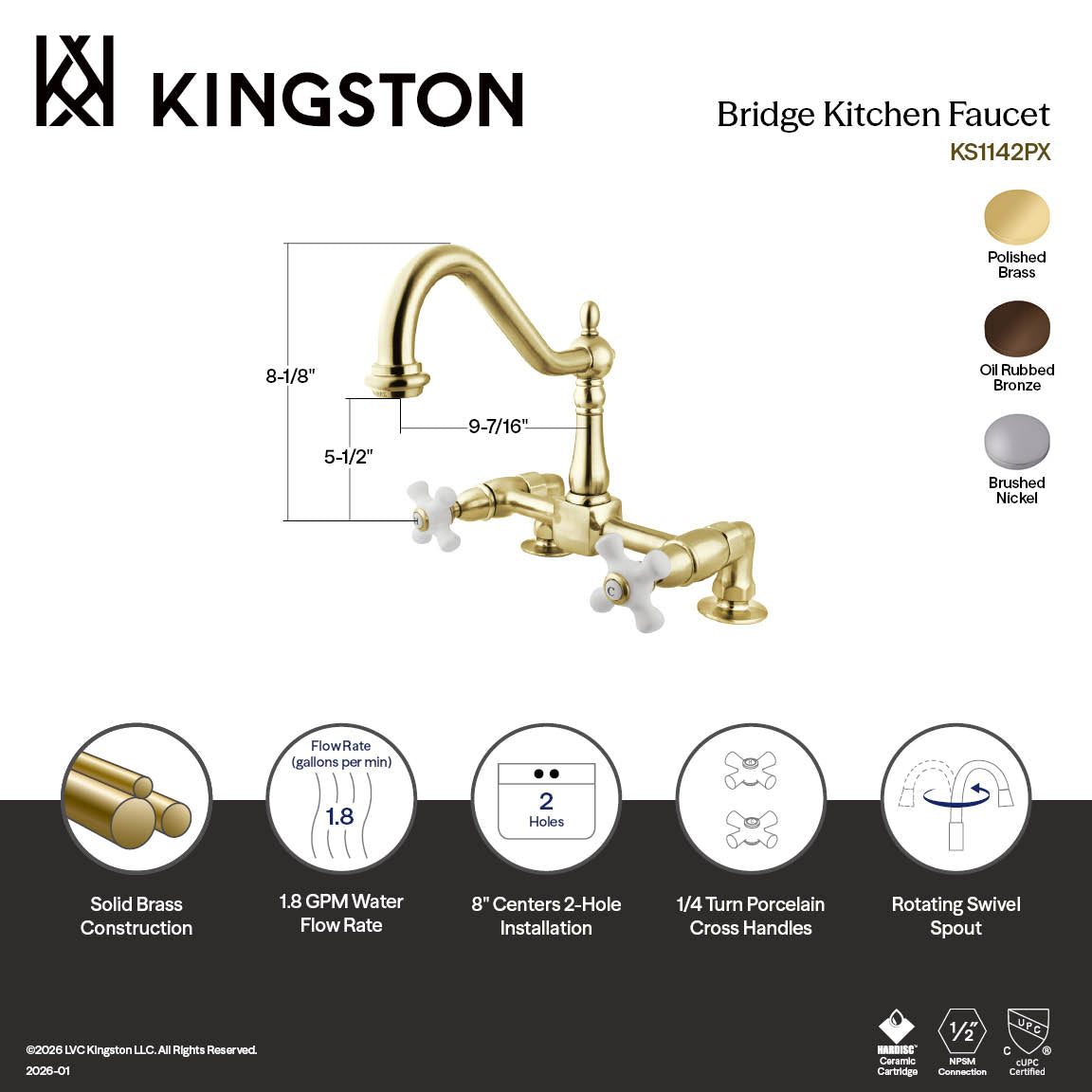 Kingston Heritage KS1145PX Two-Handle 2-Hole Deck Mount Bridge Kitchen Faucet, Oil Rubbed Bronze — thumbnail 2