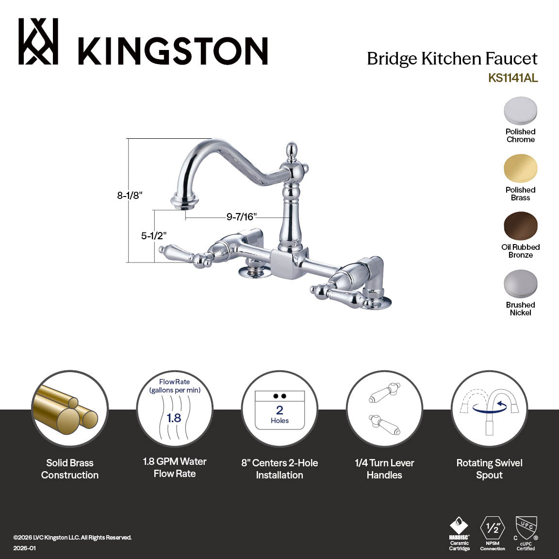 Kingston Heritage KS1148AL Two-Handle 2-Hole Deck Mount Bridge Kitchen Faucet, Brushed Nickel — thumbnail 2