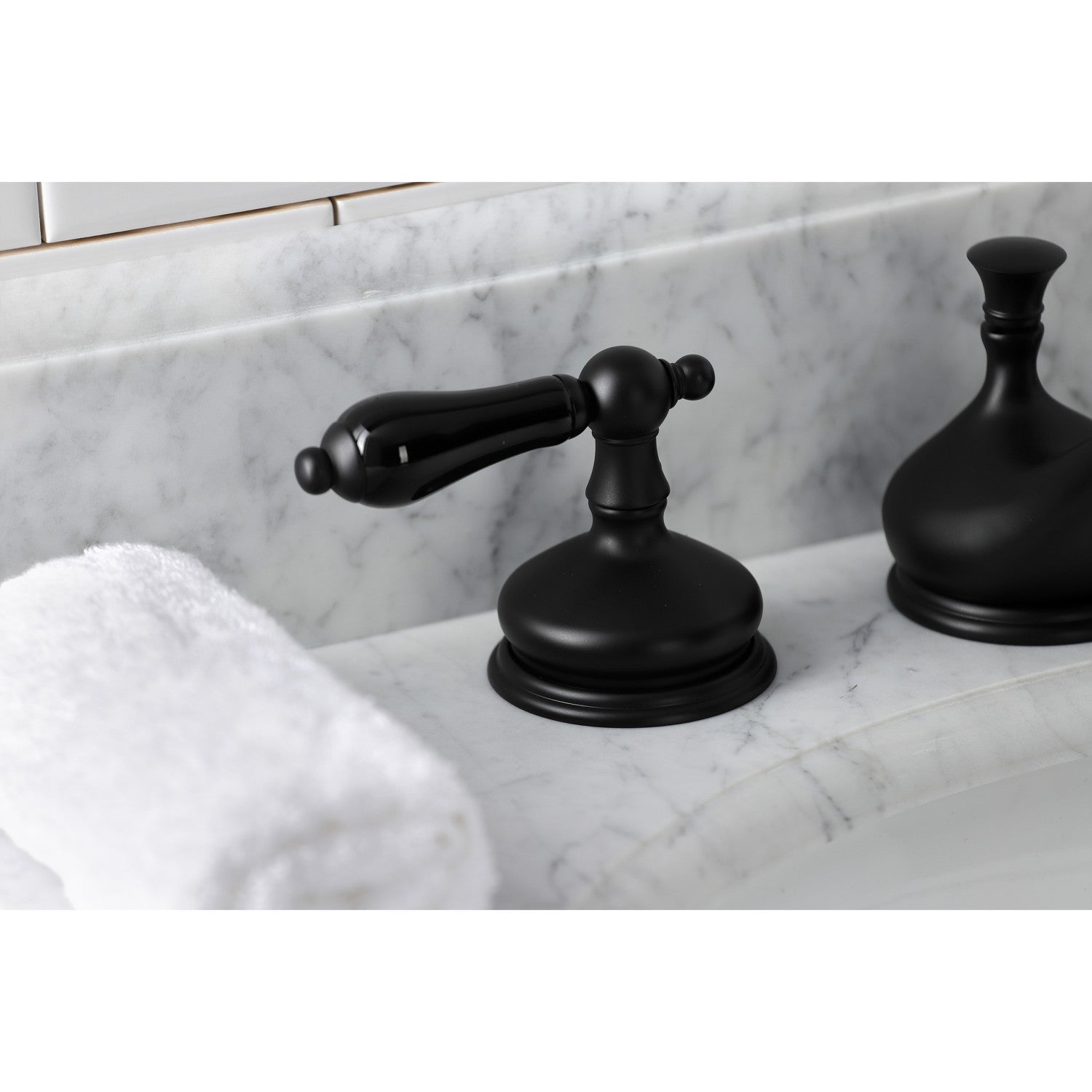 Kingston Heirloom KS1160PKL - Duchess Two-Handle 3-Hole Deck Mount Widespread Bathroom Faucet with Brass Pop-Up, Matte Black — thumbnail 2
