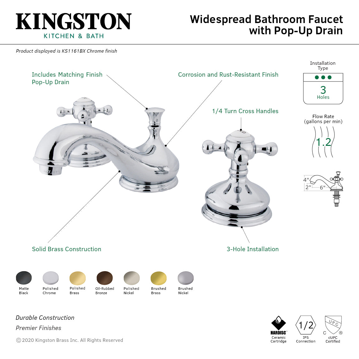 Kingston Heirloom KS1161BX - Vintage Two-Handle 3-Hole Deck Mount Widespread Bathroom Faucet with Brass Pop-Up, Polished Chrome — thumbnail 2