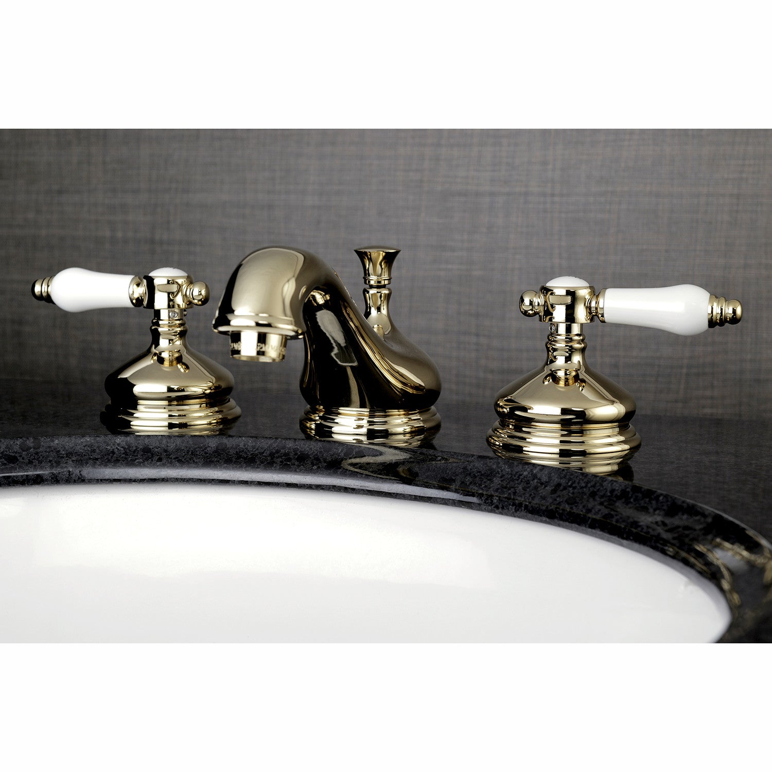 Kingston Heirloom KS1162BPL - Bel-Air Two-Handle 3-Hole Deck Mount Widespread Bathroom Faucet with Brass Pop-Up, Polished Brass — thumbnail 2