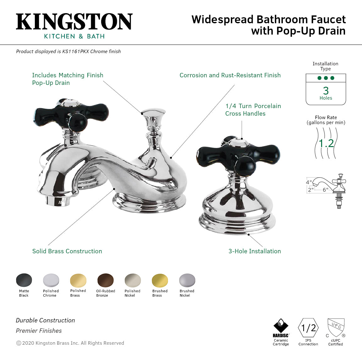 Kingston Heirloom KS1162PKX - Duchess Two-Handle 3-Hole Deck Mount Widespread Bathroom Faucet with Brass Pop-Up, Polished Brass — thumbnail 3