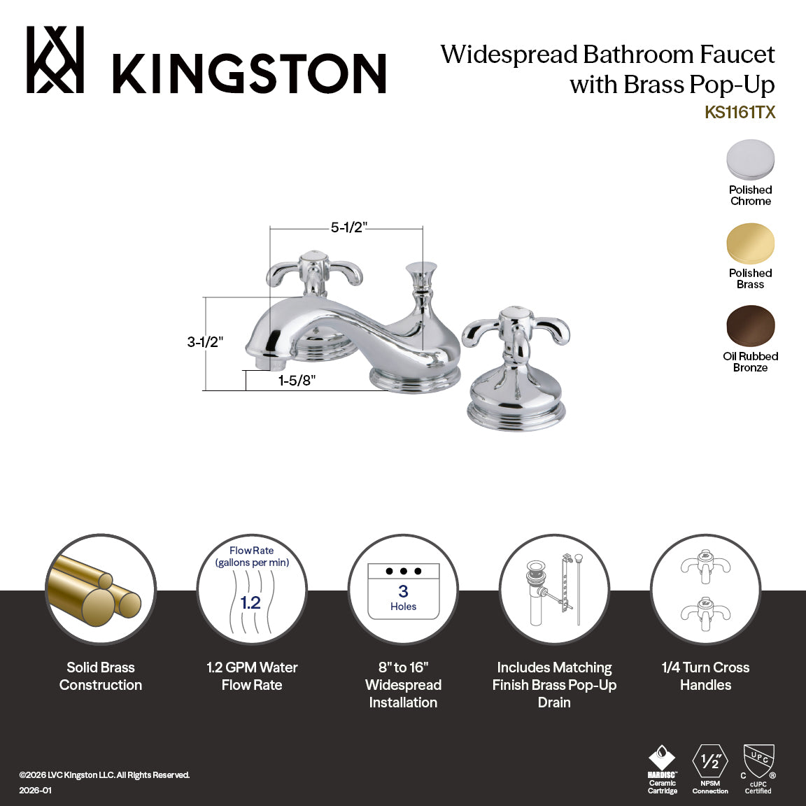Kingston Heirloom KS1162TX - French Country Two-Handle 3-Hole Deck Mount Widespread Bathroom Faucet with Brass Pop-Up, Polished Brass — thumbnail 2