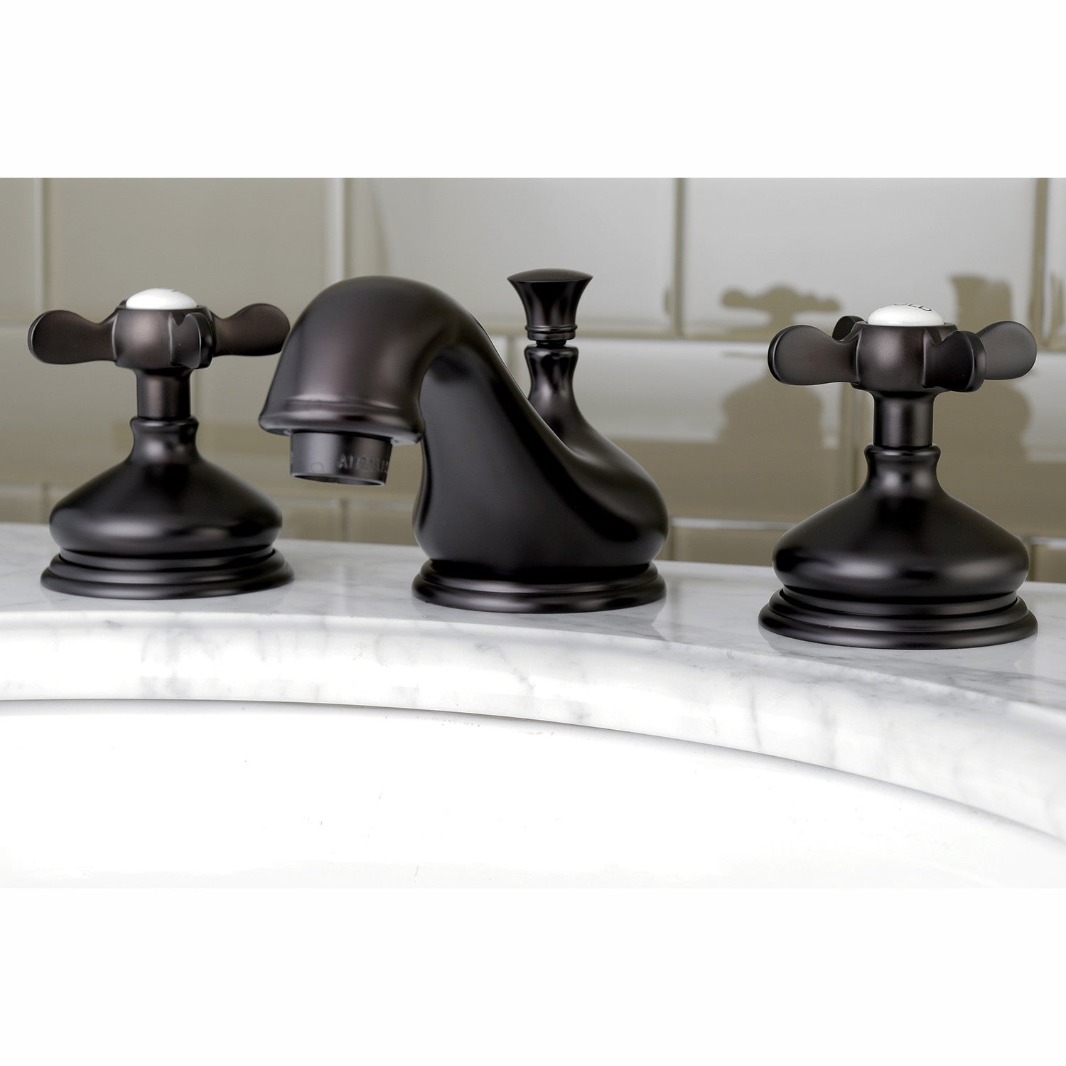 Kingston Heirloom KS1165BEX - Essex Two-Handle 3-Hole Deck Mount Widespread Bathroom Faucet with Brass Pop-Up, Oil Rubbed Bronze — thumbnail 2