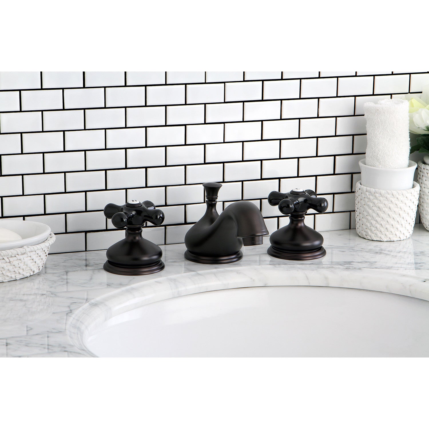 Kingston Heirloom KS1165PKX - Duchess Two-Handle 3-Hole Deck Mount Widespread Bathroom Faucet with Brass Pop-Up, Oil Rubbed Bronze — thumbnail 2