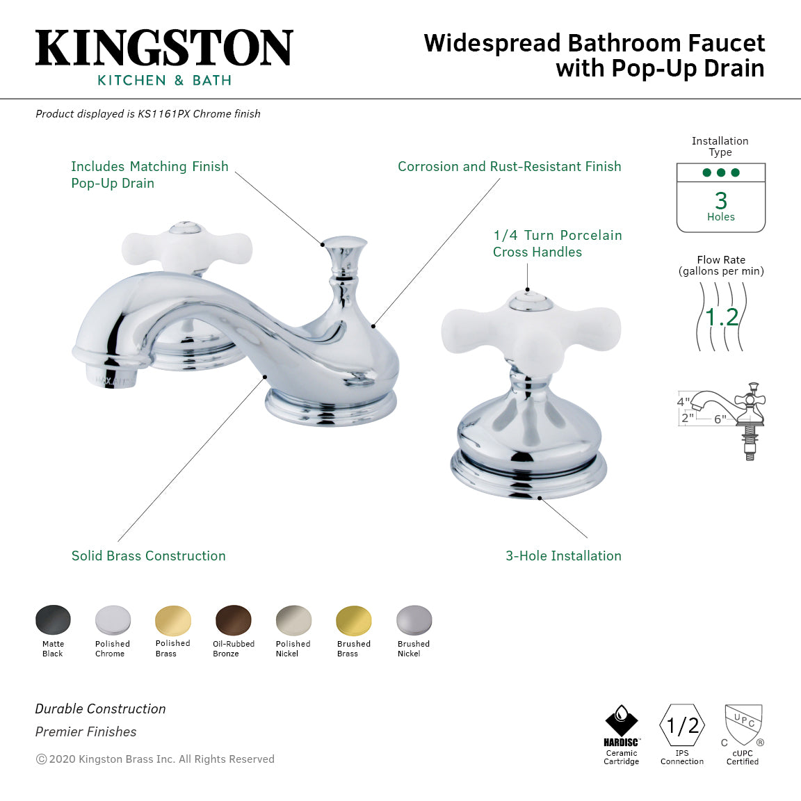 Kingston Heirloom KS1165PX - Heritage Two-Handle 3-Hole Deck Mount Widespread Bathroom Faucet with Brass Pop-Up, Oil Rubbed Bronze — thumbnail 2