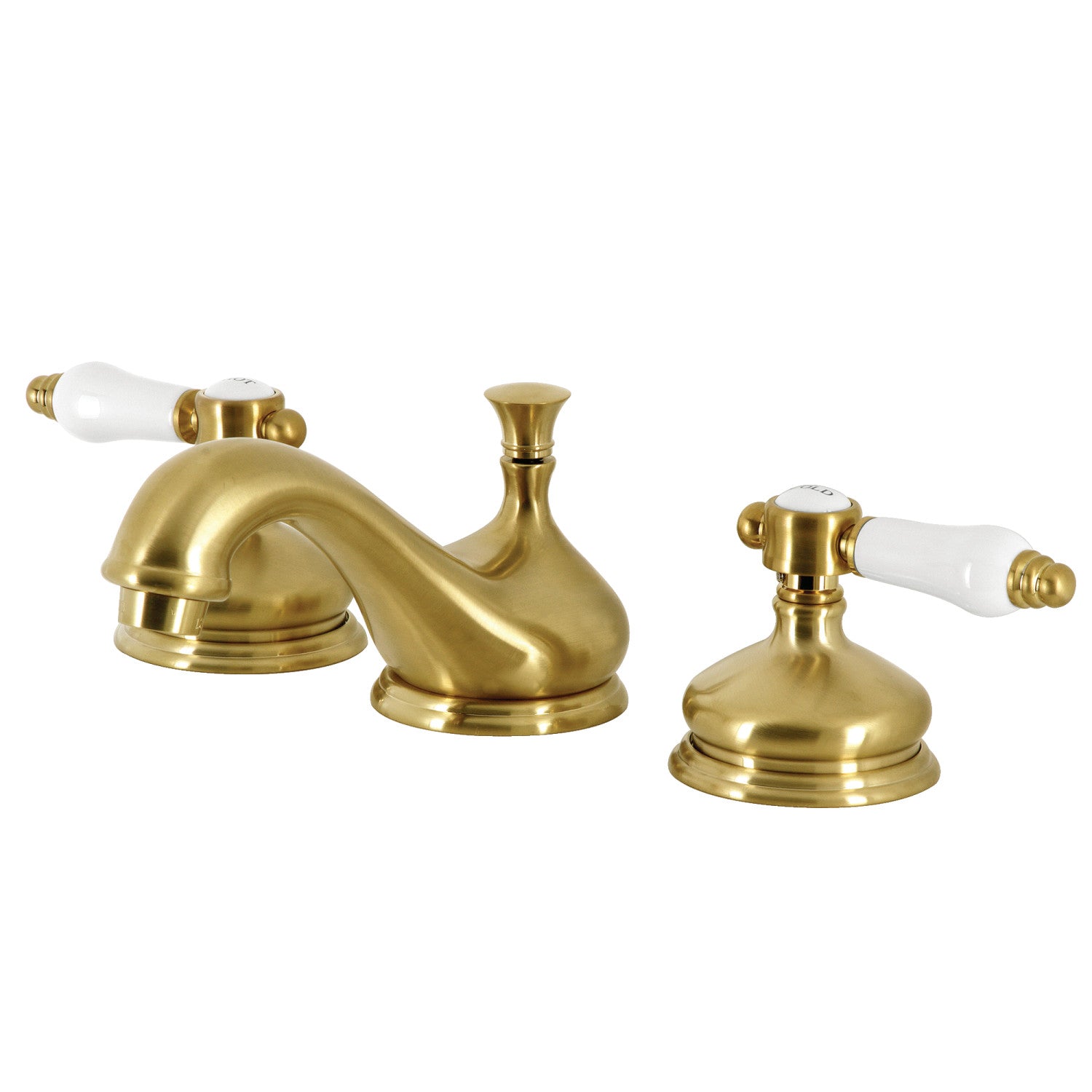 Kingston Heirloom KS1167BPL - Bel-Air Two-Handle 3-Hole Deck Mount Widespread Bathroom Faucet with Brass Pop-Up, Brushed Brass