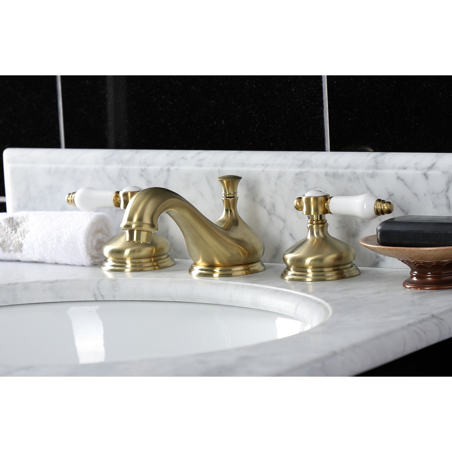 Kingston Heirloom KS1167BPL - Bel-Air Two-Handle 3-Hole Deck Mount Widespread Bathroom Faucet with Brass Pop-Up, Brushed Brass — thumbnail 2