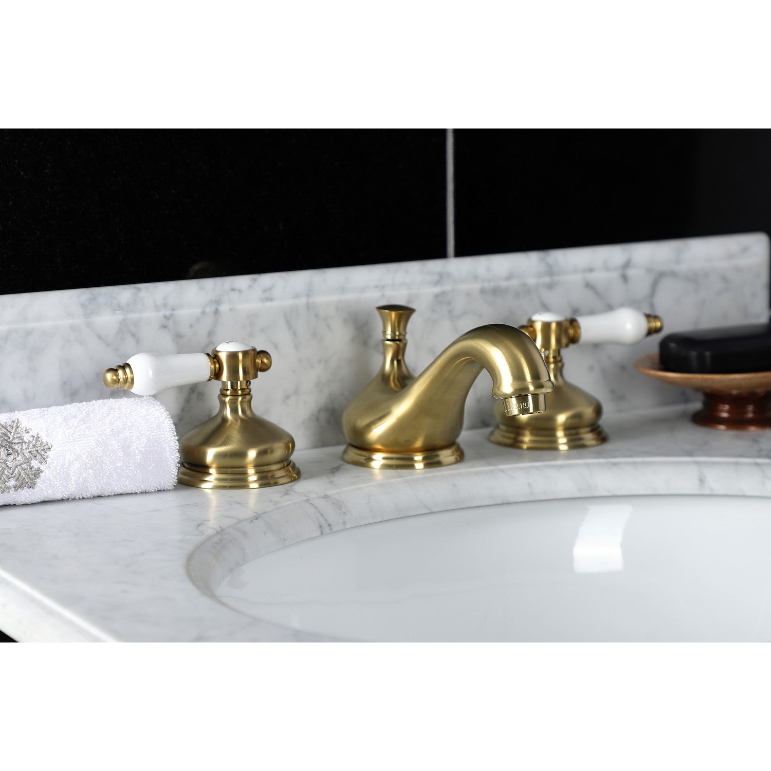 Kingston Heirloom KS1167BPL - Bel-Air Two-Handle 3-Hole Deck Mount Widespread Bathroom Faucet with Brass Pop-Up, Brushed Brass — thumbnail 3