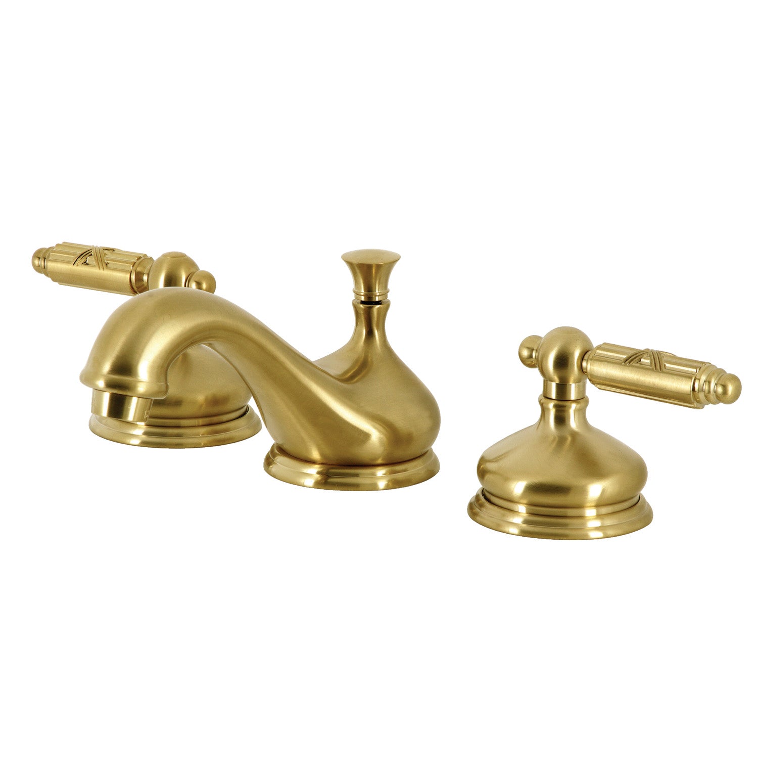 Kingston Tulare KS1167GL - Georgian Two-Handle 3-Hole Deck Mount Widespread Bathroom Faucet with Brass Pop-Up, Brushed Brass