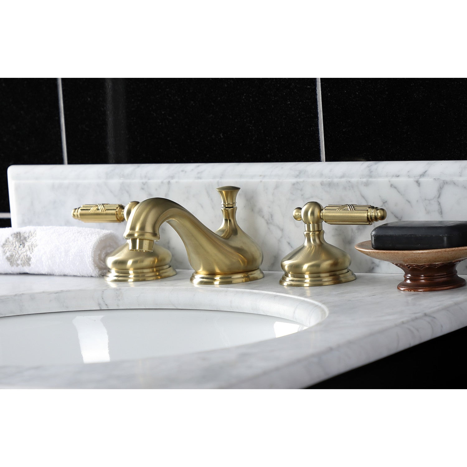 Kingston Tulare KS1167GL - Georgian Two-Handle 3-Hole Deck Mount Widespread Bathroom Faucet with Brass Pop-Up, Brushed Brass — thumbnail 2