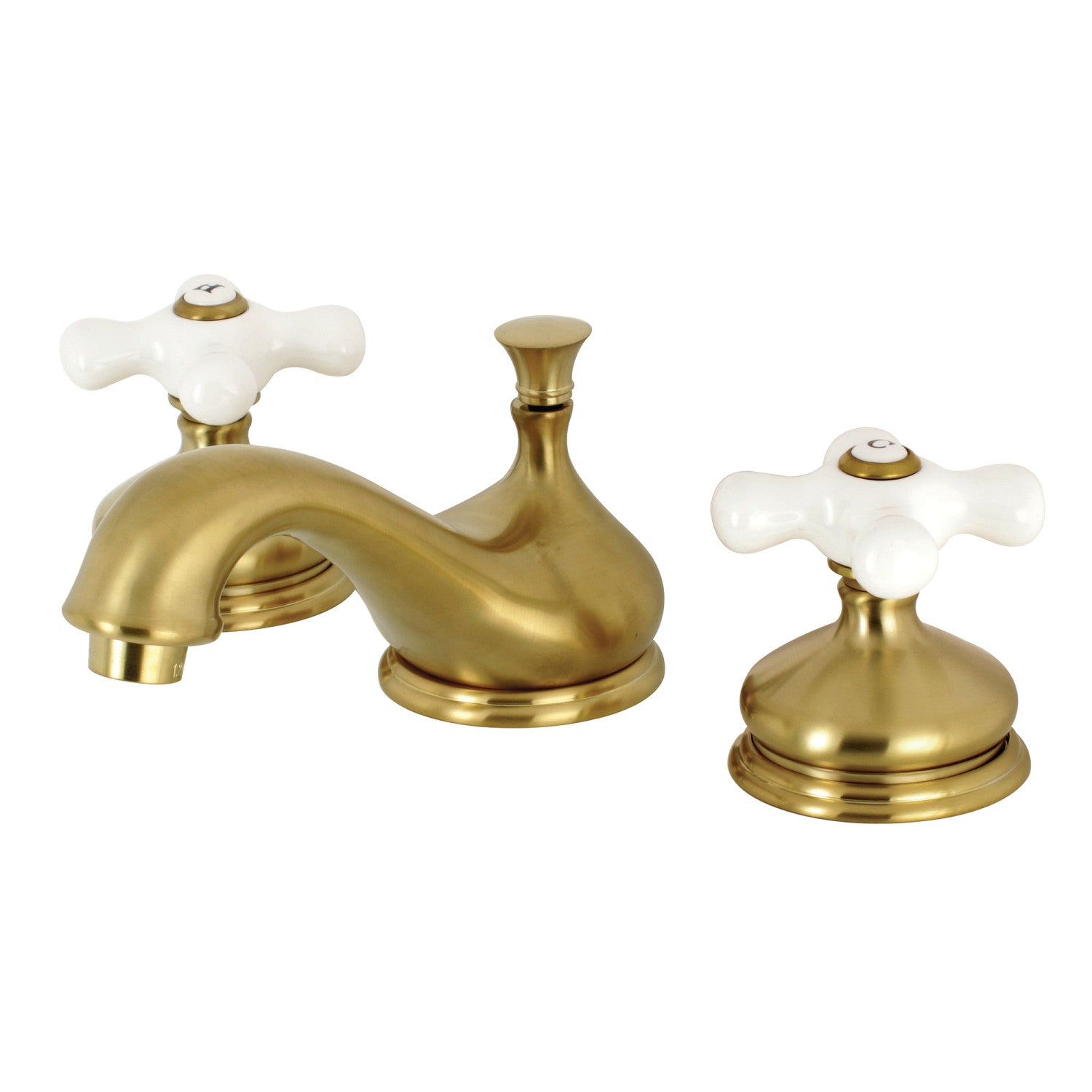 Kingston Heirloom KS1167PX - Heritage Two-Handle 3-Hole Deck Mount Widespread Bathroom Faucet with Brass Pop-Up, Brushed Brass