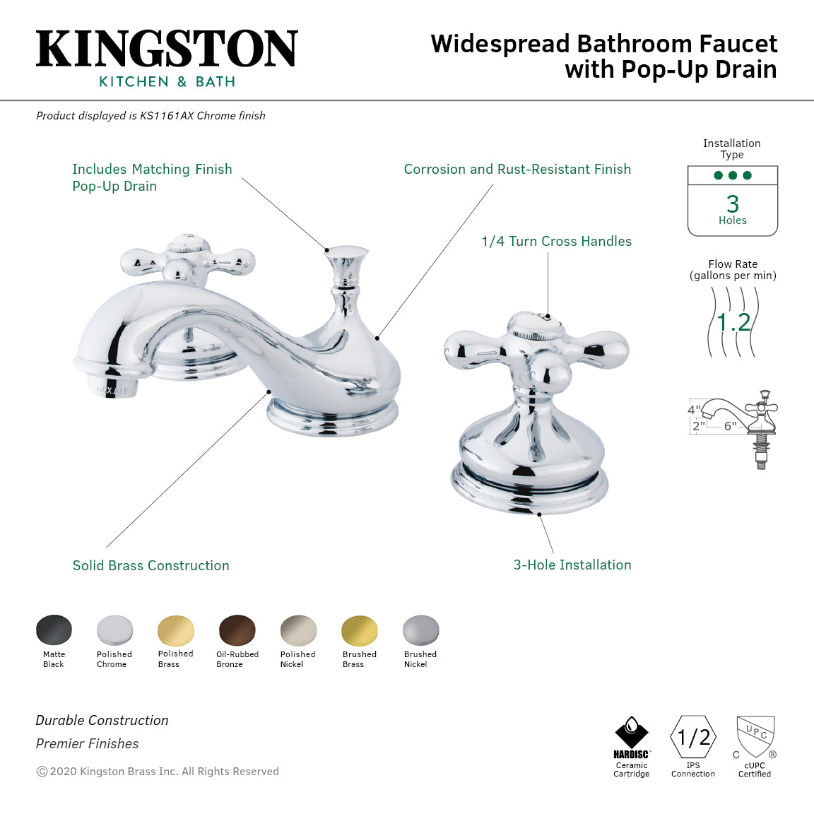 Kingston Heirloom KS1168AX - Heritage Two-Handle 3-Hole Deck Mount Widespread Bathroom Faucet with Brass Pop-Up, Brushed Nickel — thumbnail 3