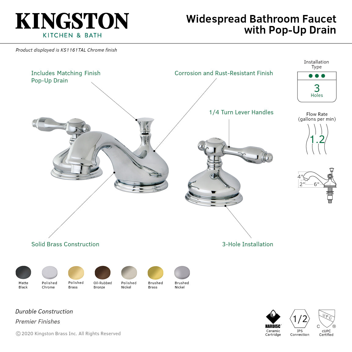 Kingston Heirloom KS1168TAL - Tudor Two-Handle 3-Hole Deck Mount Widespread Bathroom Faucet with Brass Pop-Up, Brushed Nickel — thumbnail 3