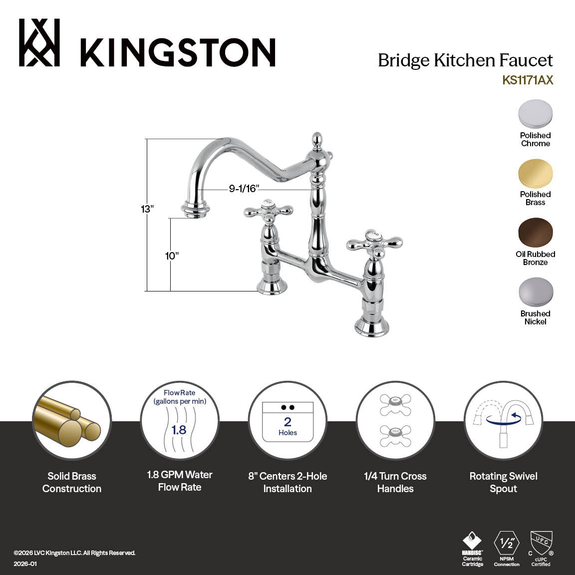 Kingston Heirloom KS1171AX - Heritage Two-Handle 2-Hole Deck Mount Bridge Kitchen Faucet, Polished Chrome — thumbnail 2