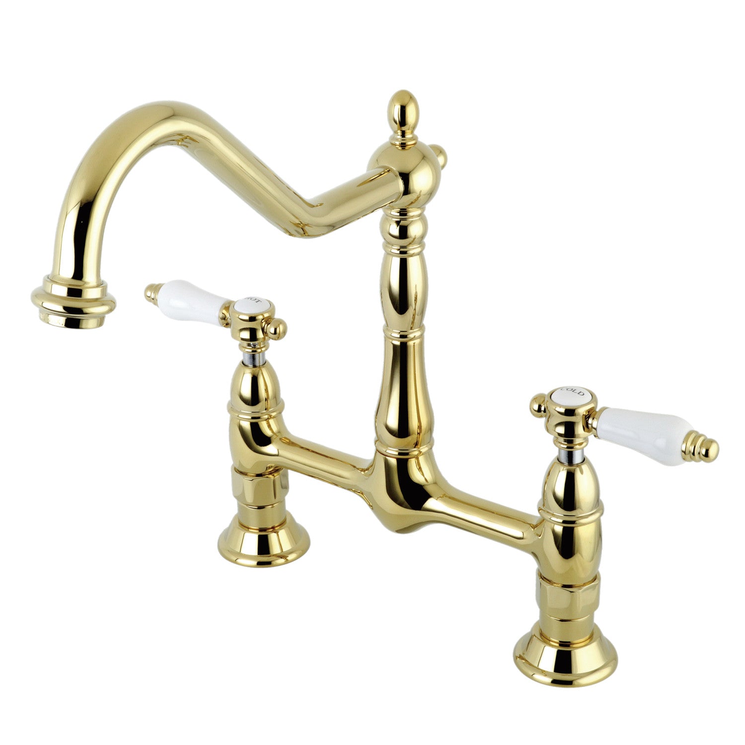 Kingston Heirloom KS1172BPL - Bel-Air Two-Handle 2-Hole Deck Mount Bridge Kitchen Faucet, Polished Brass