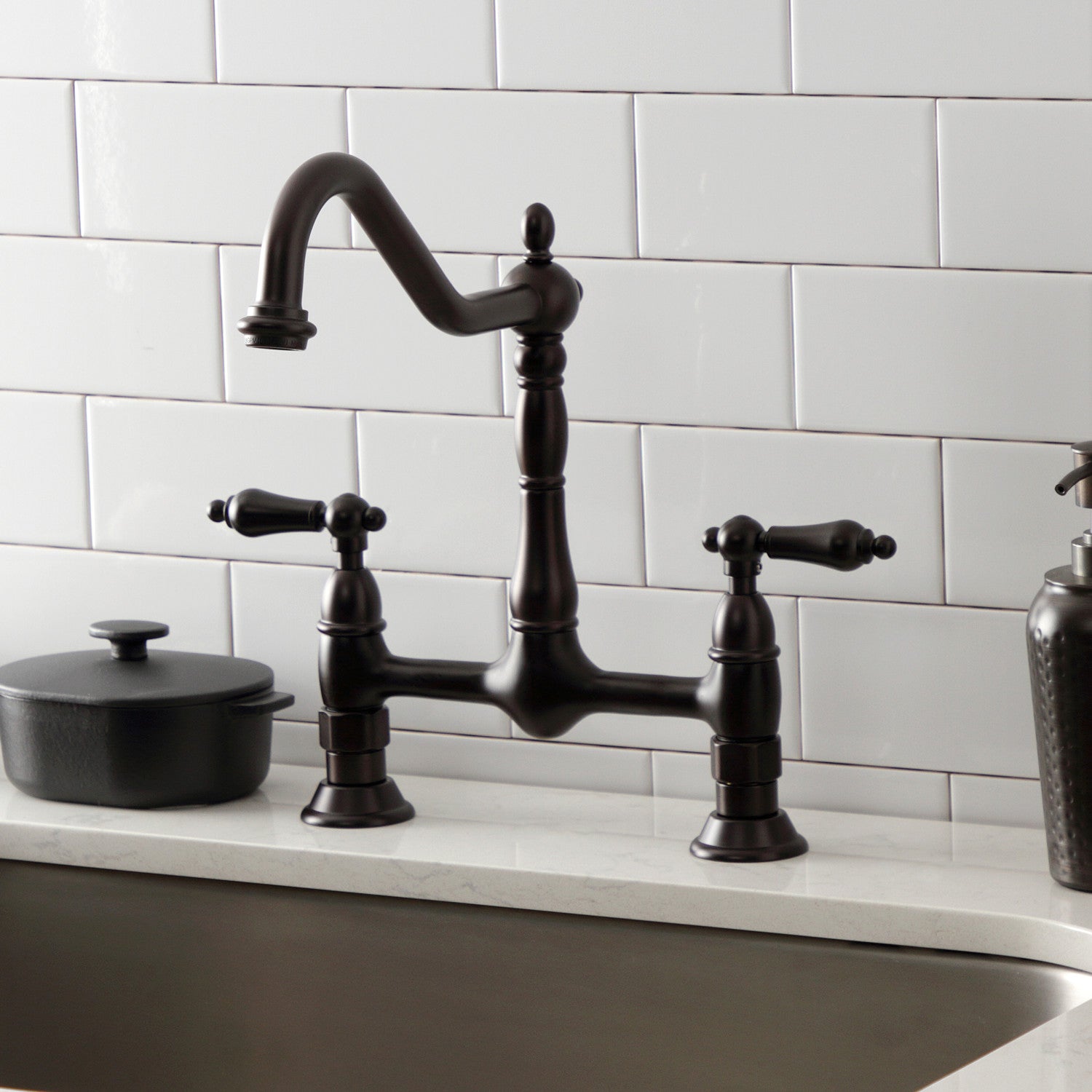 Kingston Heirloom KS1175AL - Heritage Two-Handle 2-Hole Deck Mount Bridge Kitchen Faucet, Oil Rubbed Bronze — thumbnail 2
