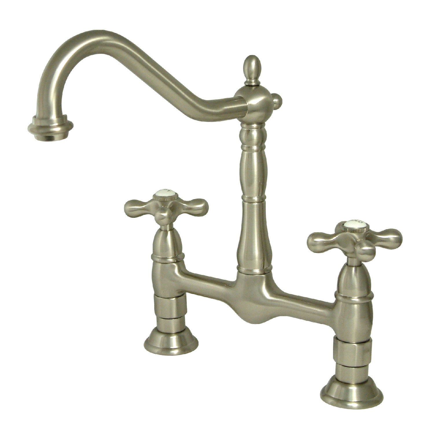 Kingston Heirloom KS1178AX - Heritage Two-Handle 2-Hole Deck Mount Bridge Kitchen Faucet, Brushed Nickel