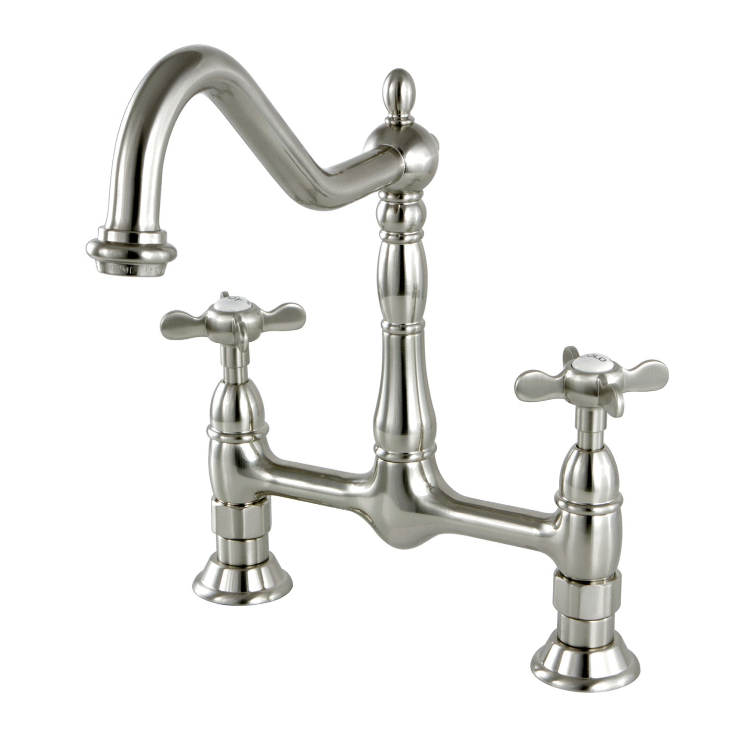 Kingston Heirloom KS1178BEX - Essex Two-Handle 2-Hole Deck Mount Bridge Kitchen Faucet, Brushed Nickel