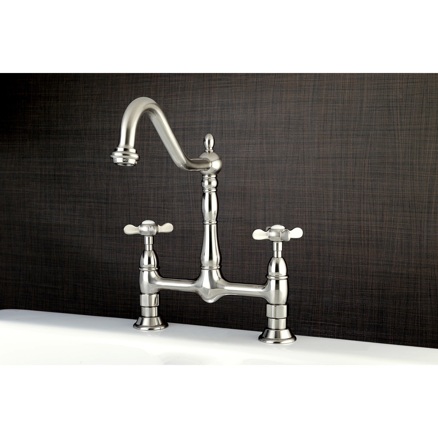 Kingston Heirloom KS1178BEX - Essex Two-Handle 2-Hole Deck Mount Bridge Kitchen Faucet, Brushed Nickel — thumbnail 3