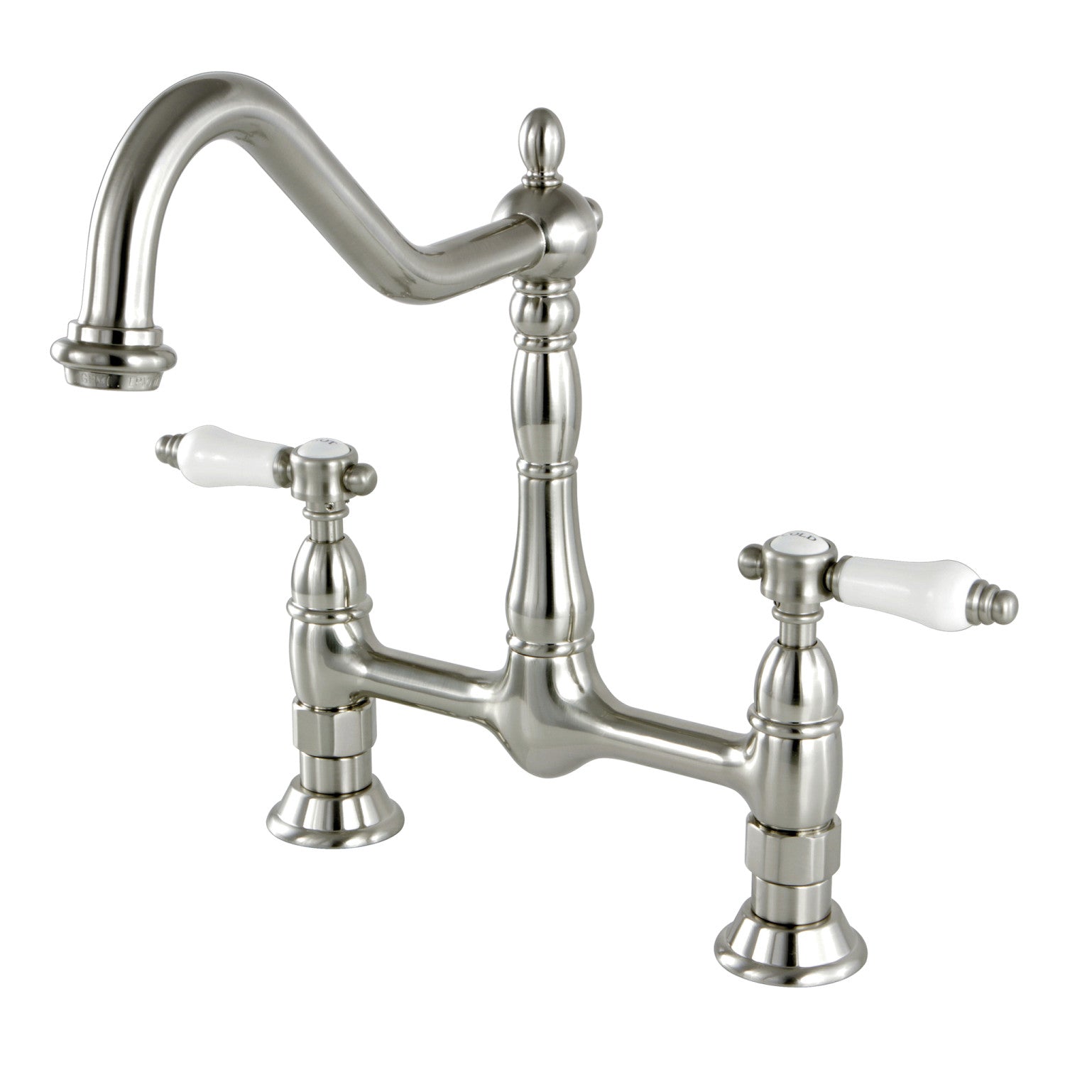 Kingston Heirloom KS1178BPL - Bel-Air Two-Handle 2-Hole Deck Mount Bridge Kitchen Faucet, Brushed Nickel