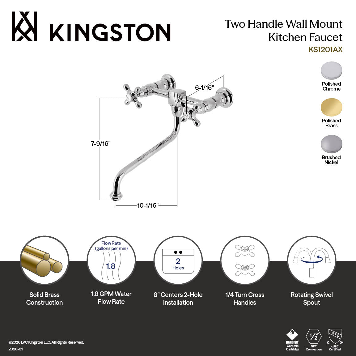 Kingston Heirloom KS1201AX - Heritage Two-Handle 2-Hole Wall Mount Bridge Kitchen Faucet, Polished Chrome — thumbnail 2
