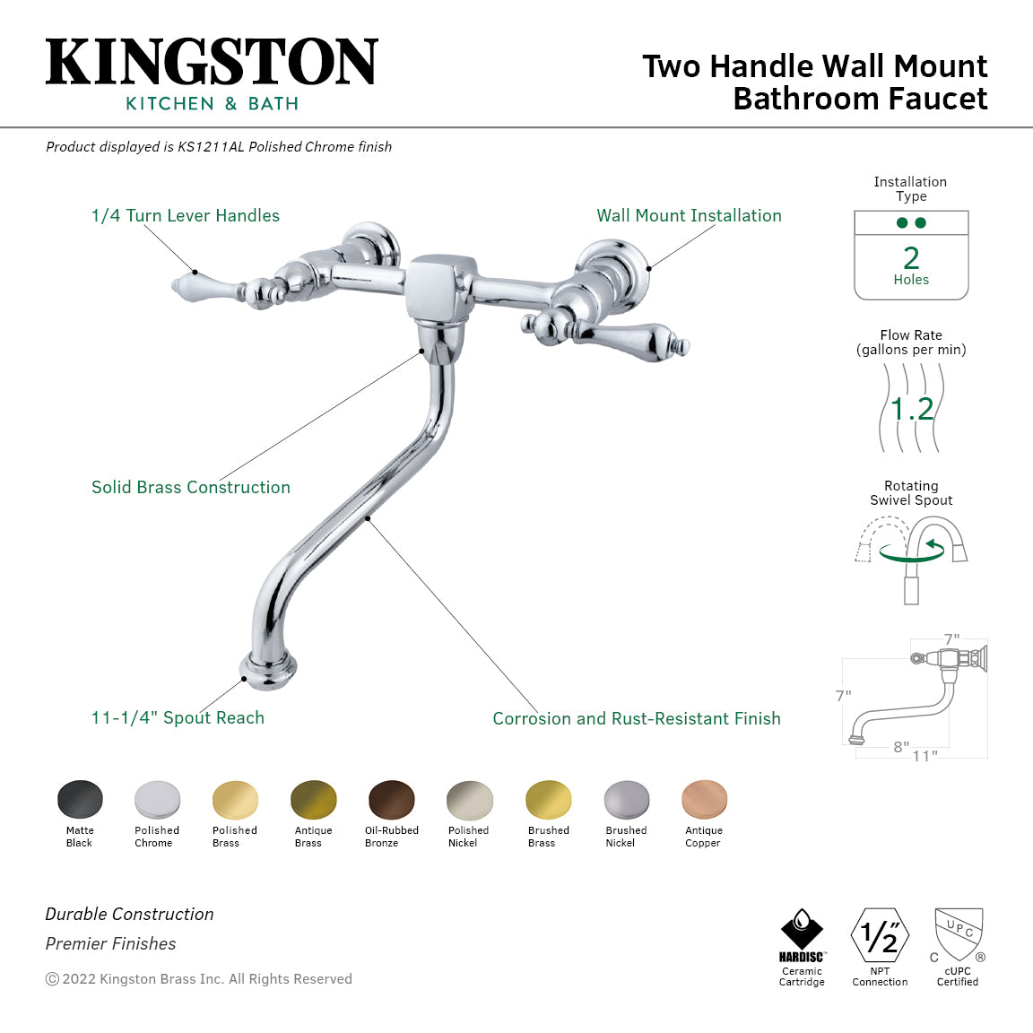 Kingston Heirloom KS1212AL - Heritage Double-Handle 2-Hole Wall Mount Bathroom Faucet, Polished Brass — thumbnail 2