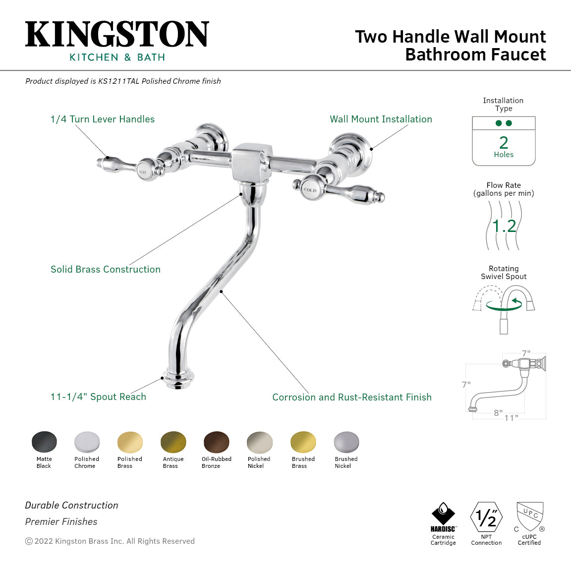 Kingston Heirloom KS1212TAL - Tudor Double-Handle 2-Hole Wall Mount Bathroom Faucet, Polished Brass — thumbnail 3
