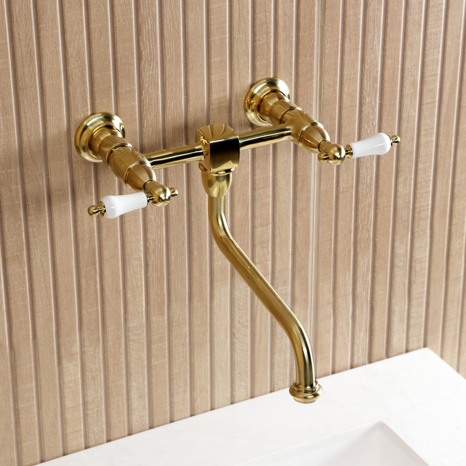 Kingston Heirloom KS1217PL - Heritage Double-Handle 2-Hole Wall Mount Bathroom Faucet, Brushed Brass — thumbnail 2