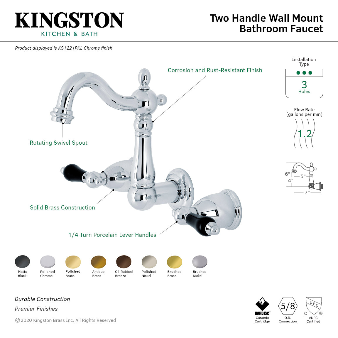 Kingston Heirloom KS1221PKL - Duchess Double-Handle 3-Hole Wall Mount Bathroom Faucet, Polished Chrome — thumbnail 2