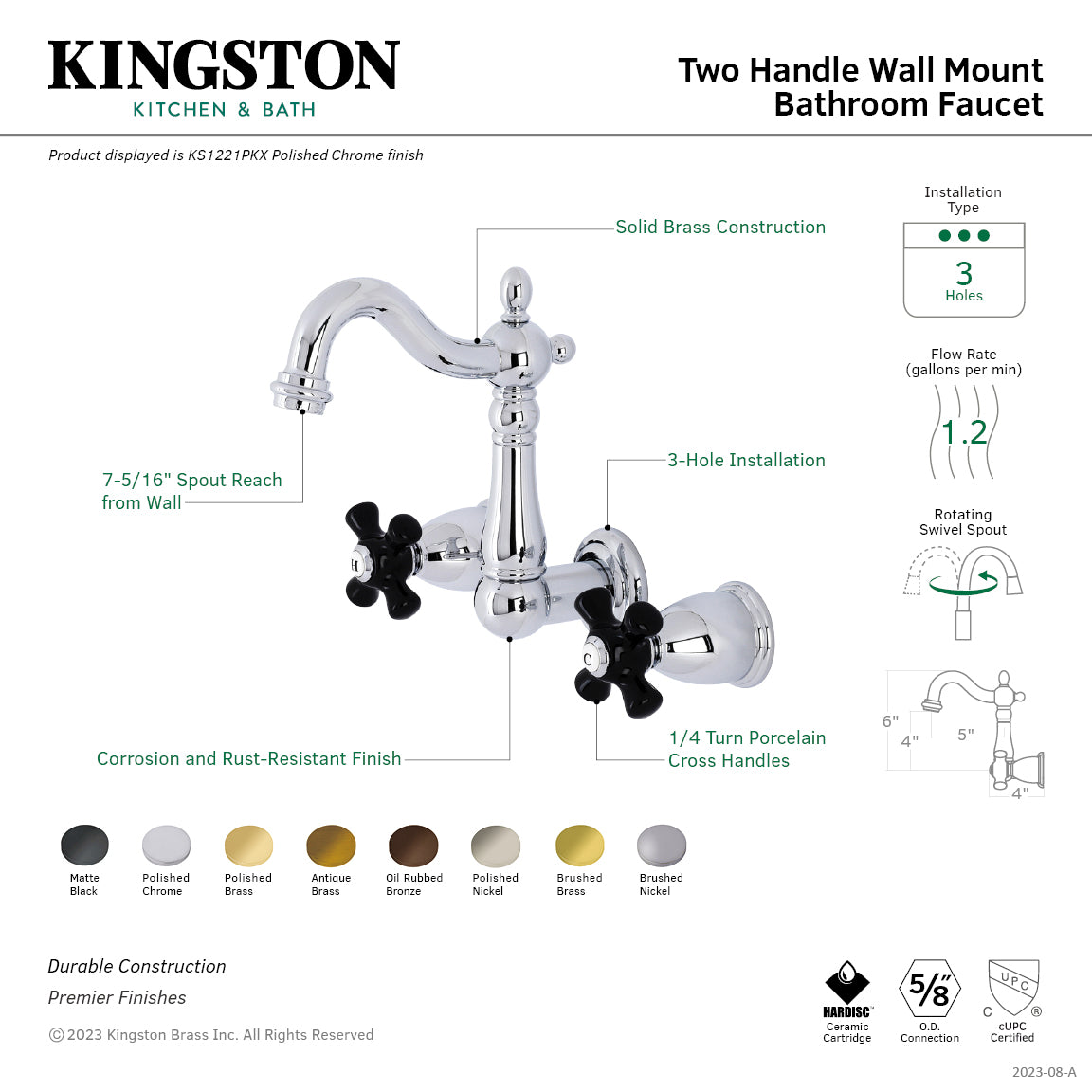 Kingston Heirloom KS1221PKX - Duchess Double-Handle 3-Hole Wall Mount Bathroom Faucet, Polished Chrome — thumbnail 2
