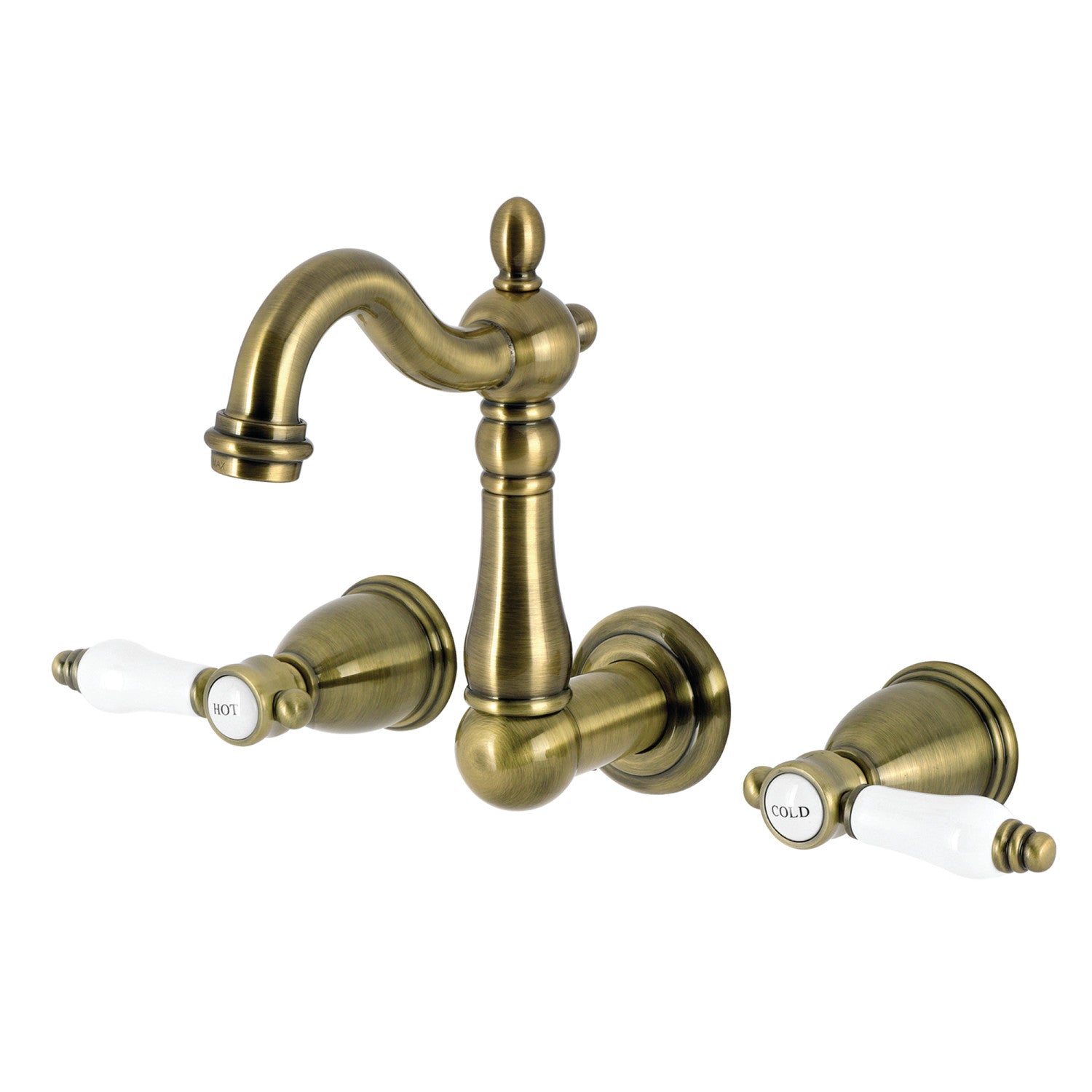 Kingston Heirloom KS1223BPL - Bel-Air Double-Handle 3-Hole Wall Mount Bathroom Faucet, Antique Brass