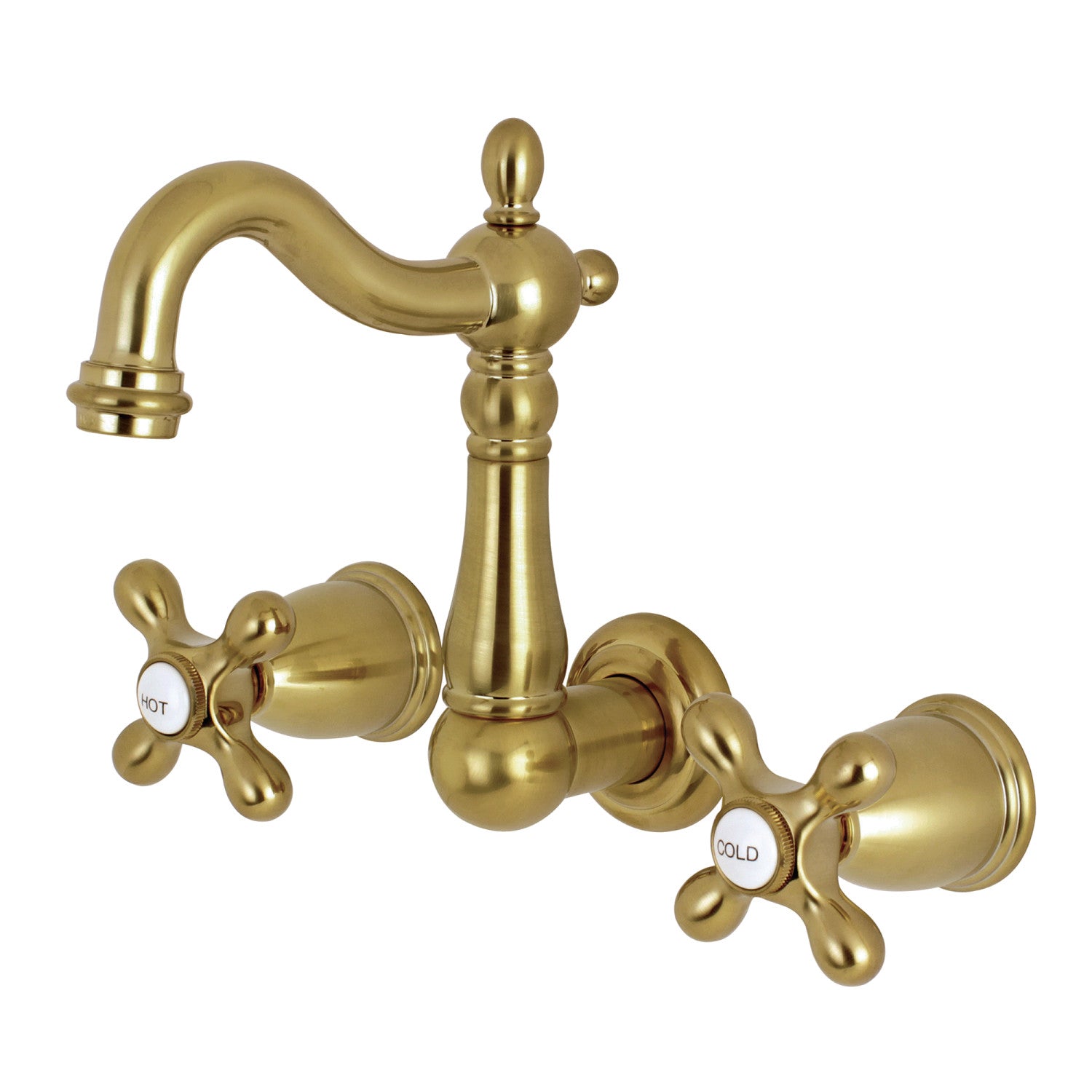 Kingston Heirloom KS1227AX - Heritage Double-Handle 3-Hole Wall Mount Bathroom Faucet, Brushed Brass — image 1