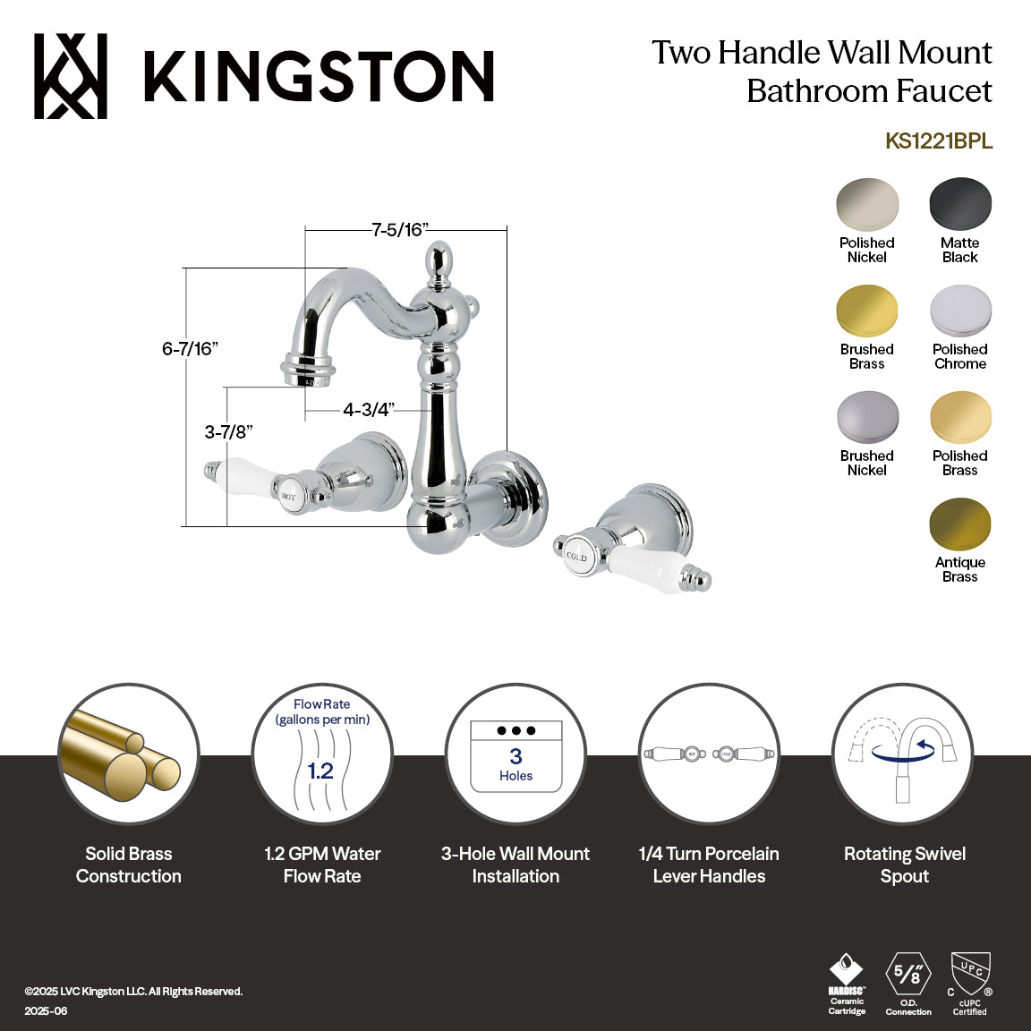 Kingston Heirloom KS1227BPL - Bel-Air Double-Handle 3-Hole Wall Mount Bathroom Faucet, Brushed Brass — thumbnail 2