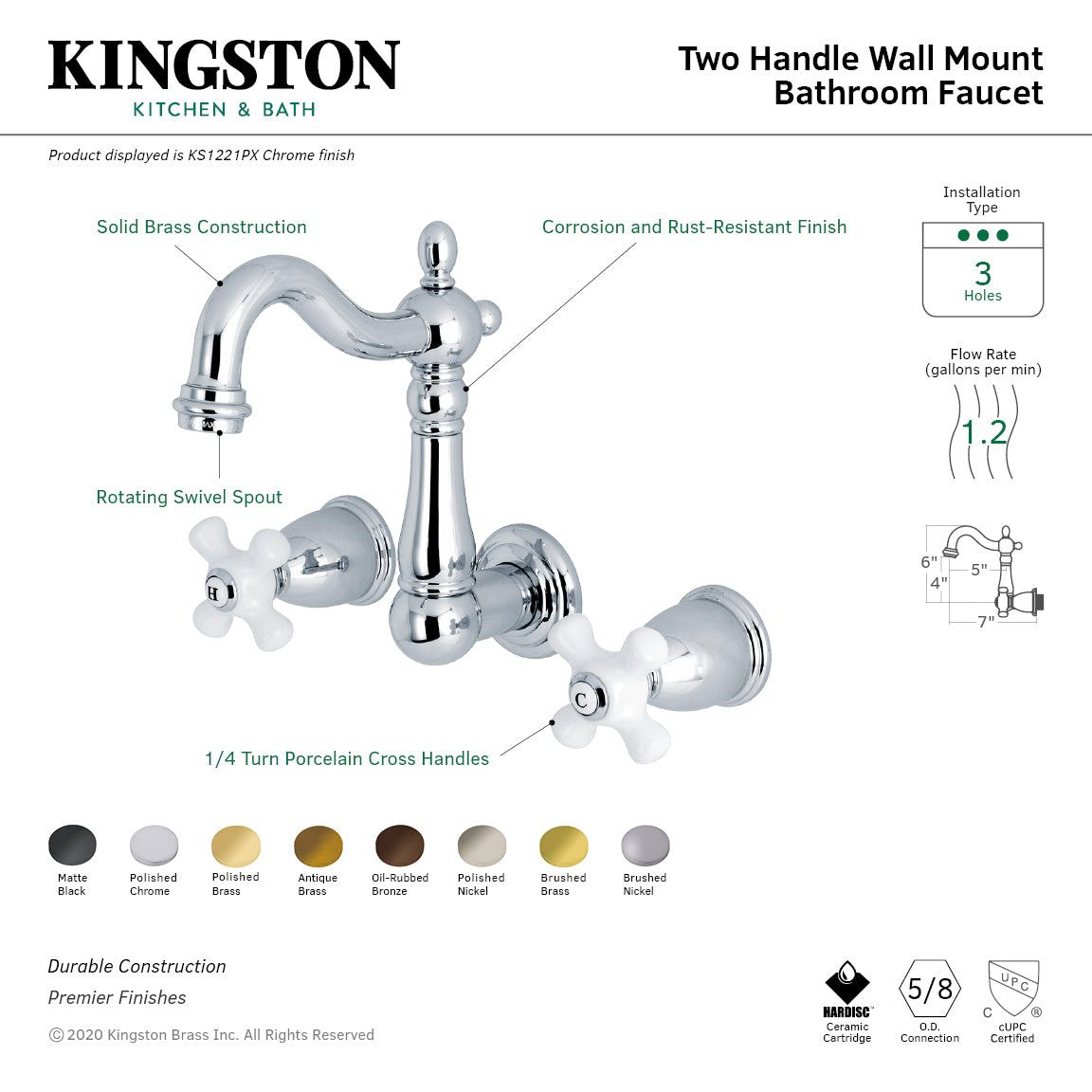 Kingston Heirloom KS1227PX - Heritage Double-Handle 3-Hole Wall Mount Bathroom Faucet, Brushed Brass — thumbnail 2