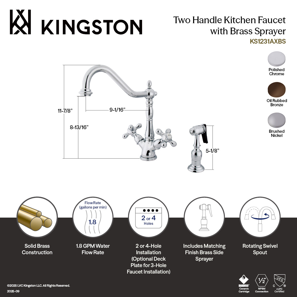 Kingston Heirloom KS1231AXBS - Heritage Two-Handle 2-or-4 Hole Kitchen Faucet with Brass Sprayer, Polished Chrome — thumbnail 2