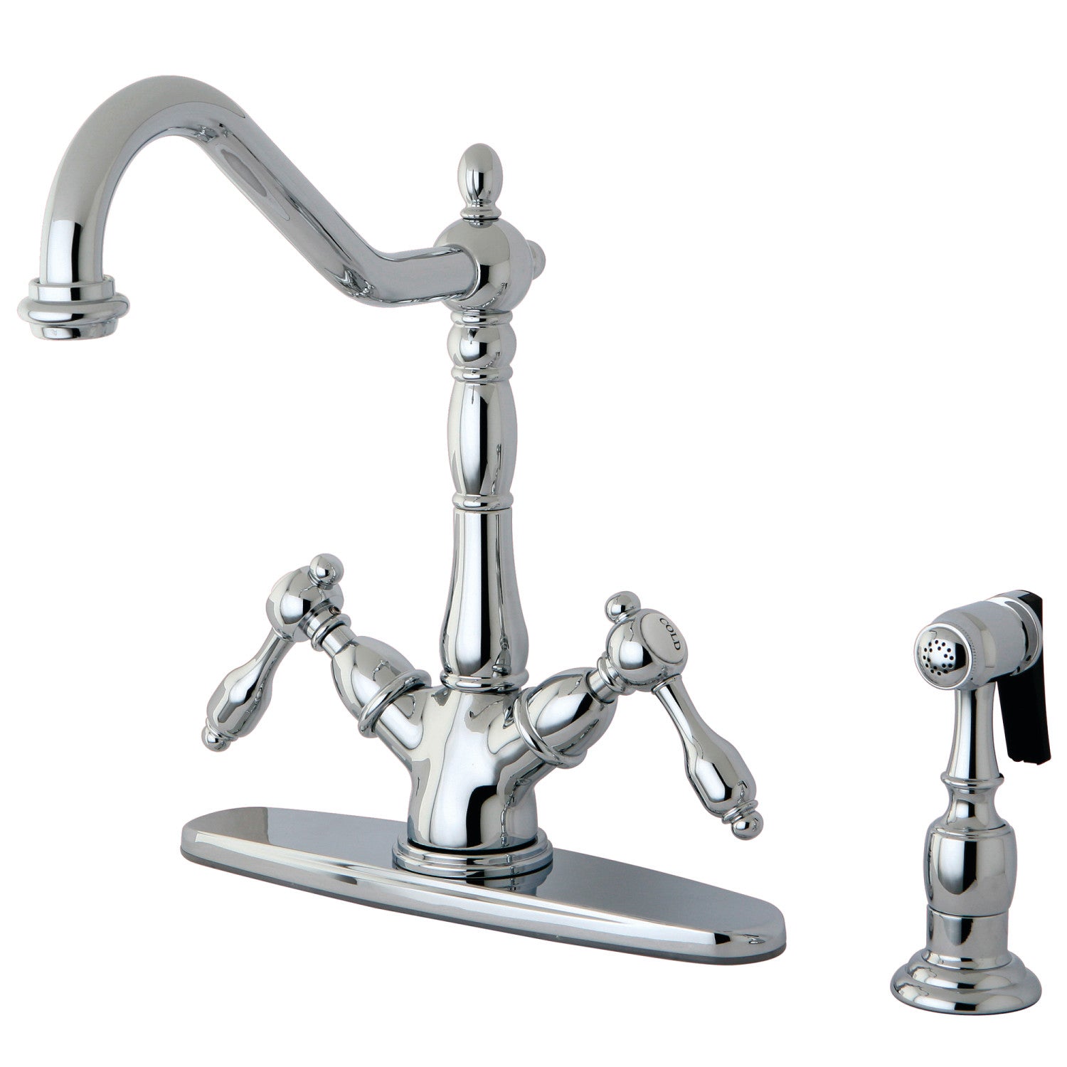Kingston Heirloom KS1231TALBS - Tudor Two-Handle 2-or-4 Hole Kitchen Faucet with Brass Sprayer, Polished Chrome