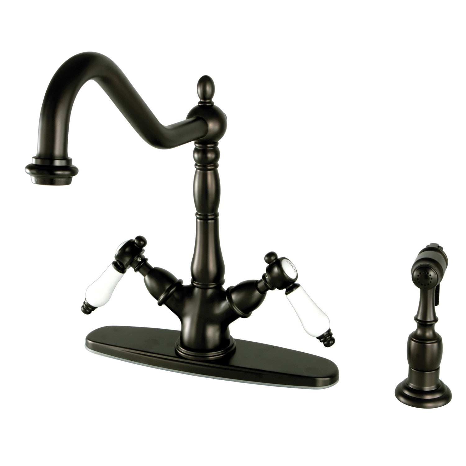 Kingston Heirloom KS1235BPLBS - Bel-Air Two-Handle 2-or-4 Hole Kitchen Faucet with Brass Sprayer, Oil Rubbed Bronze
