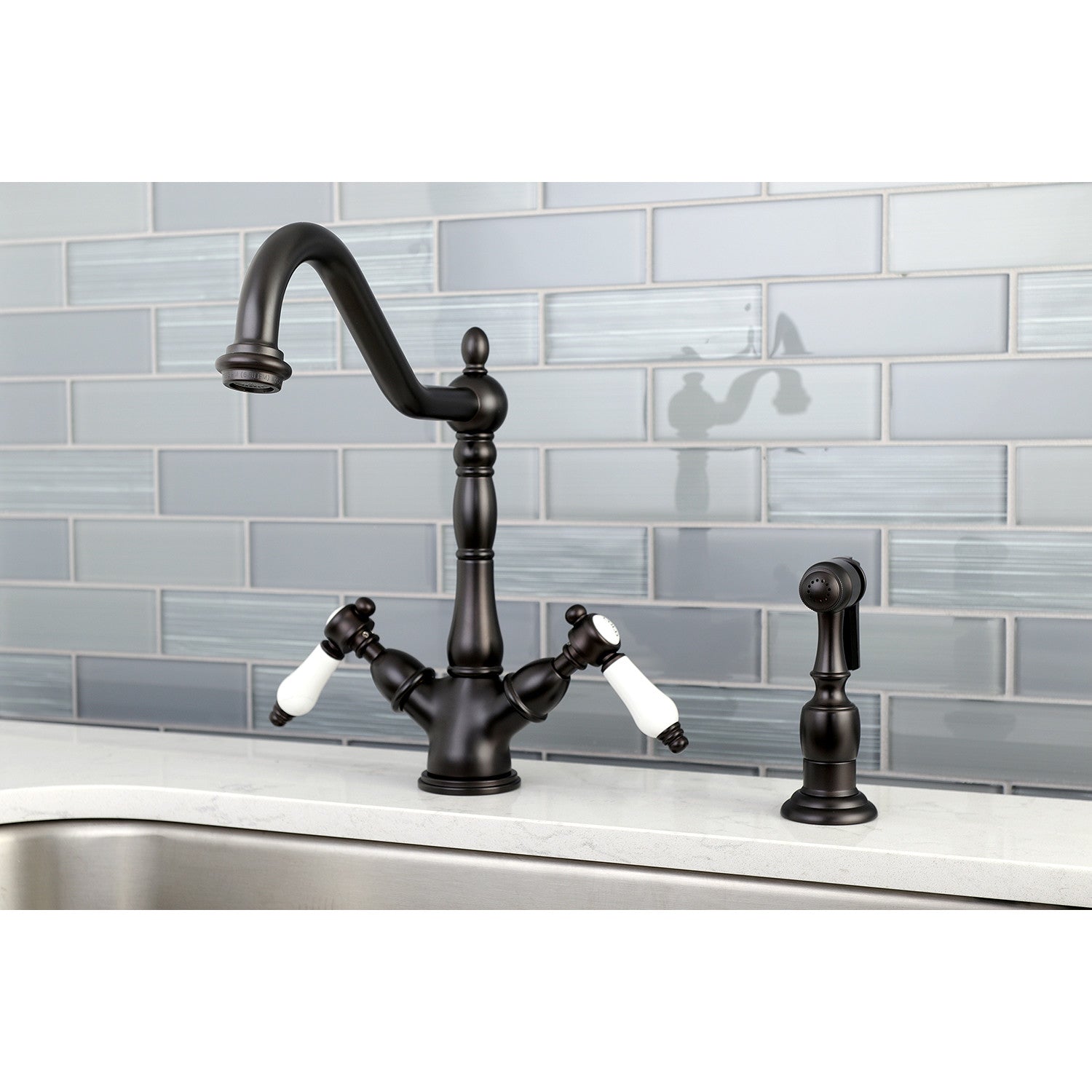 Kingston Heirloom KS1235BPLBS - Bel-Air Two-Handle 2-or-4 Hole Kitchen Faucet with Brass Sprayer, Oil Rubbed Bronze — thumbnail 2