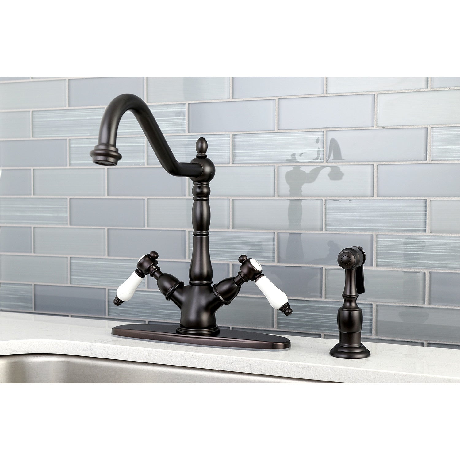 Kingston Heirloom KS1235BPLBS - Bel-Air Two-Handle 2-or-4 Hole Kitchen Faucet with Brass Sprayer, Oil Rubbed Bronze — thumbnail 3