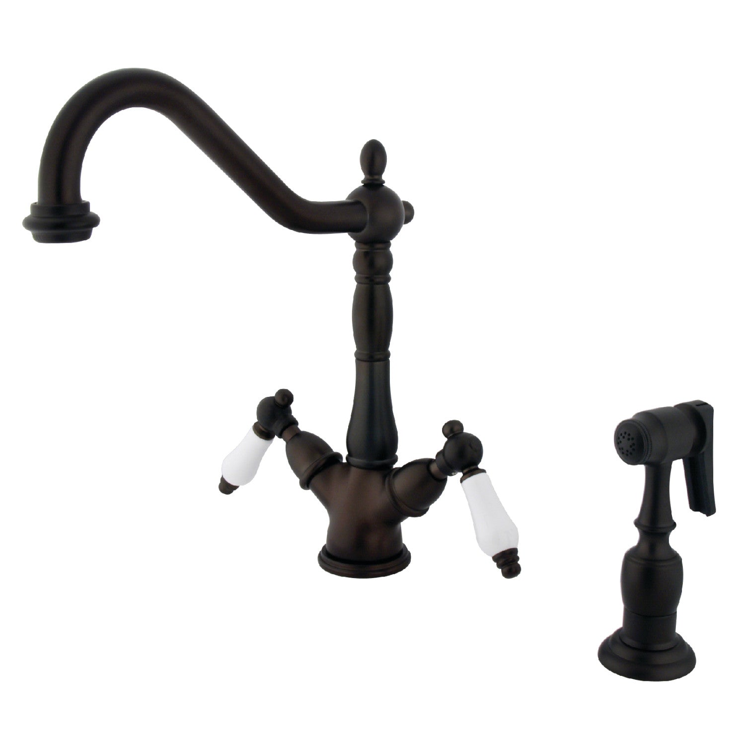 Kingston Heirloom KS1235PLBS - Heritage Two-Handle 2-or-4 Hole Kitchen Faucet with Brass Sprayer, Oil Rubbed Bronze
