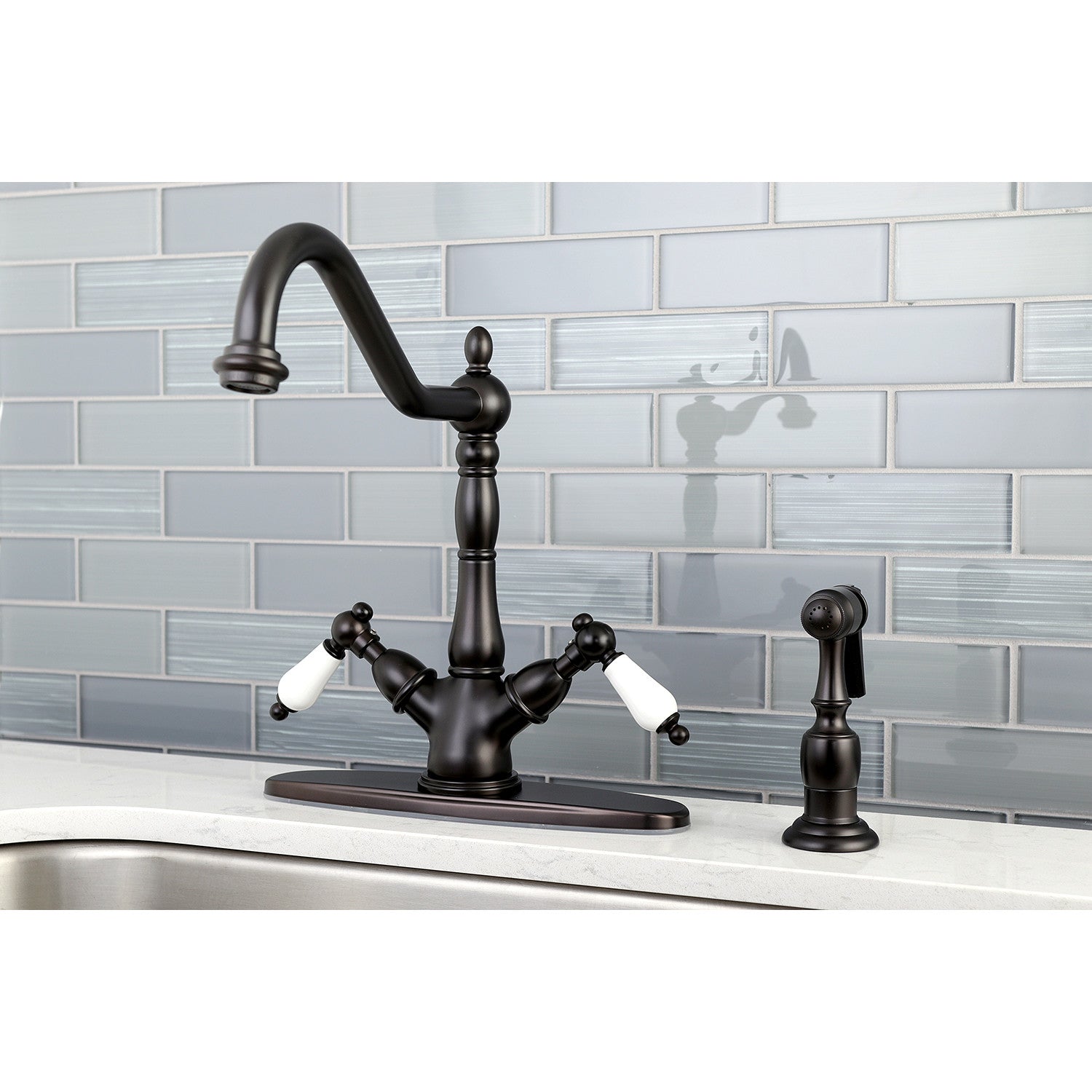 Kingston Heirloom KS1235PLBS - Heritage Two-Handle 2-or-4 Hole Kitchen Faucet with Brass Sprayer, Oil Rubbed Bronze — thumbnail 2